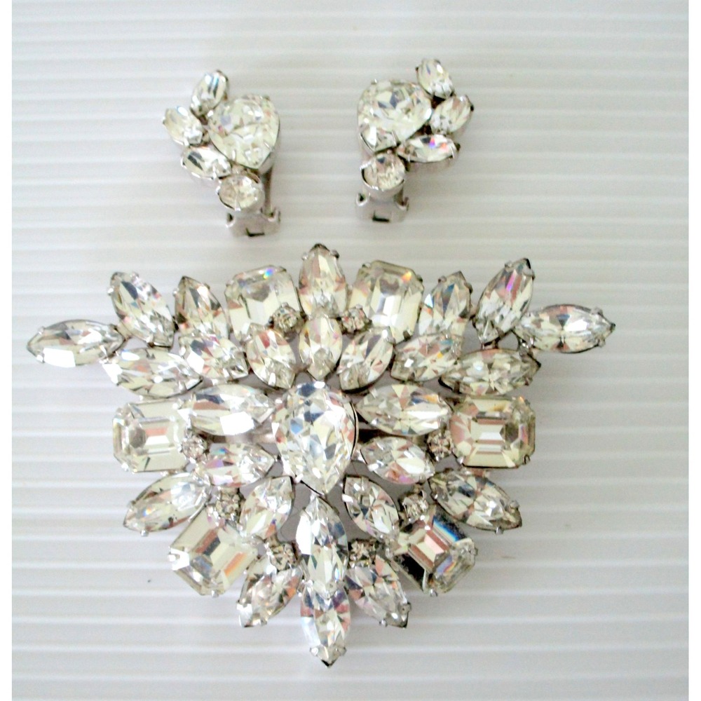KRAMER Vintage Signed Rhinestone LARGE Brooch Pin 3.5" & Earrings